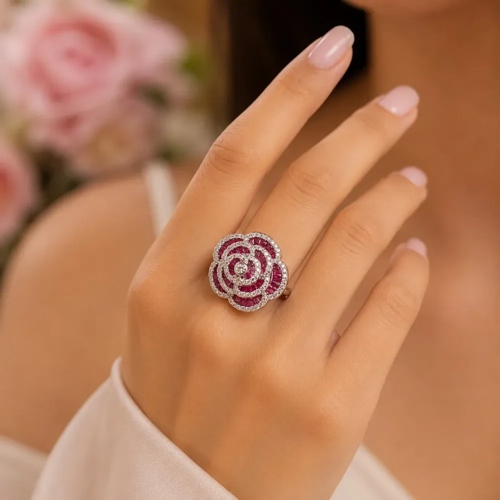 925 Silver Ruby-Tone Floral Statement Ring