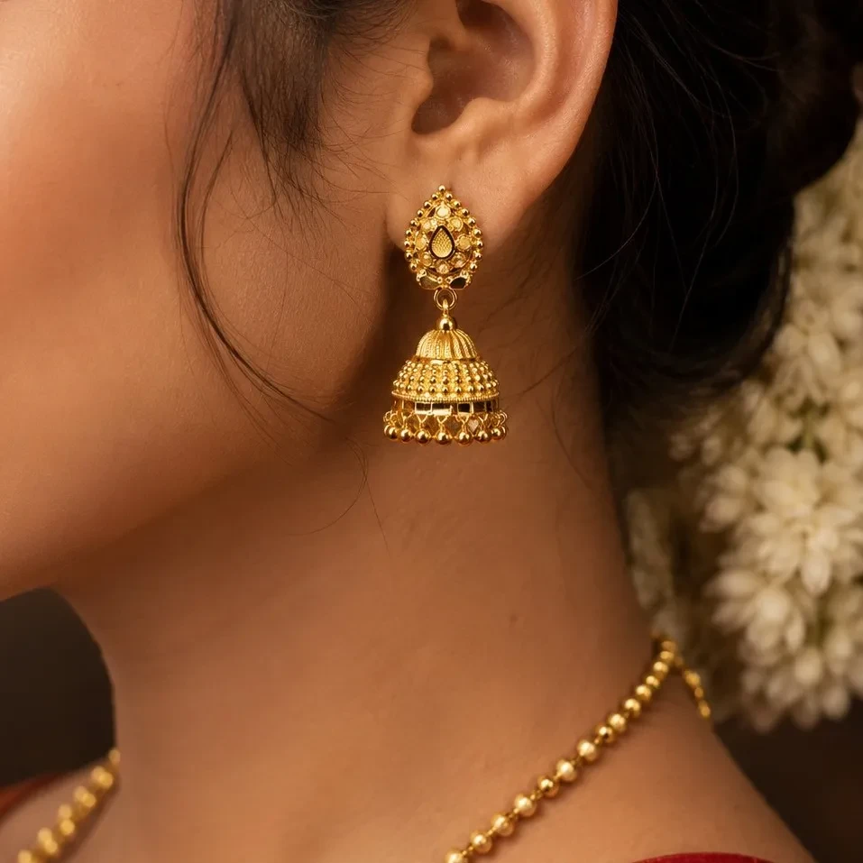 Peacock Motifs Gold Jhumka