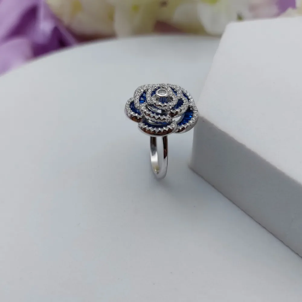 Blue Floral CZ 925 Silver Statement Ring