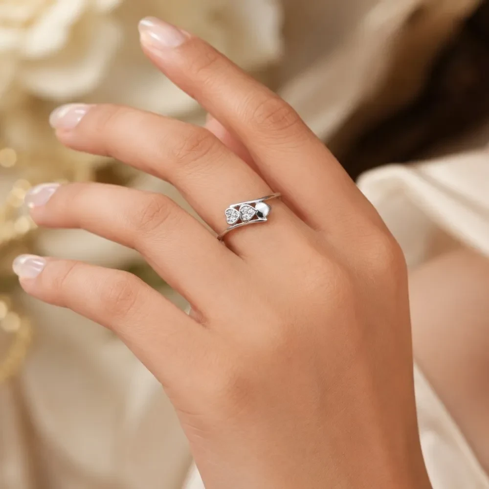 925 Silver Double Heart Crossover Ring