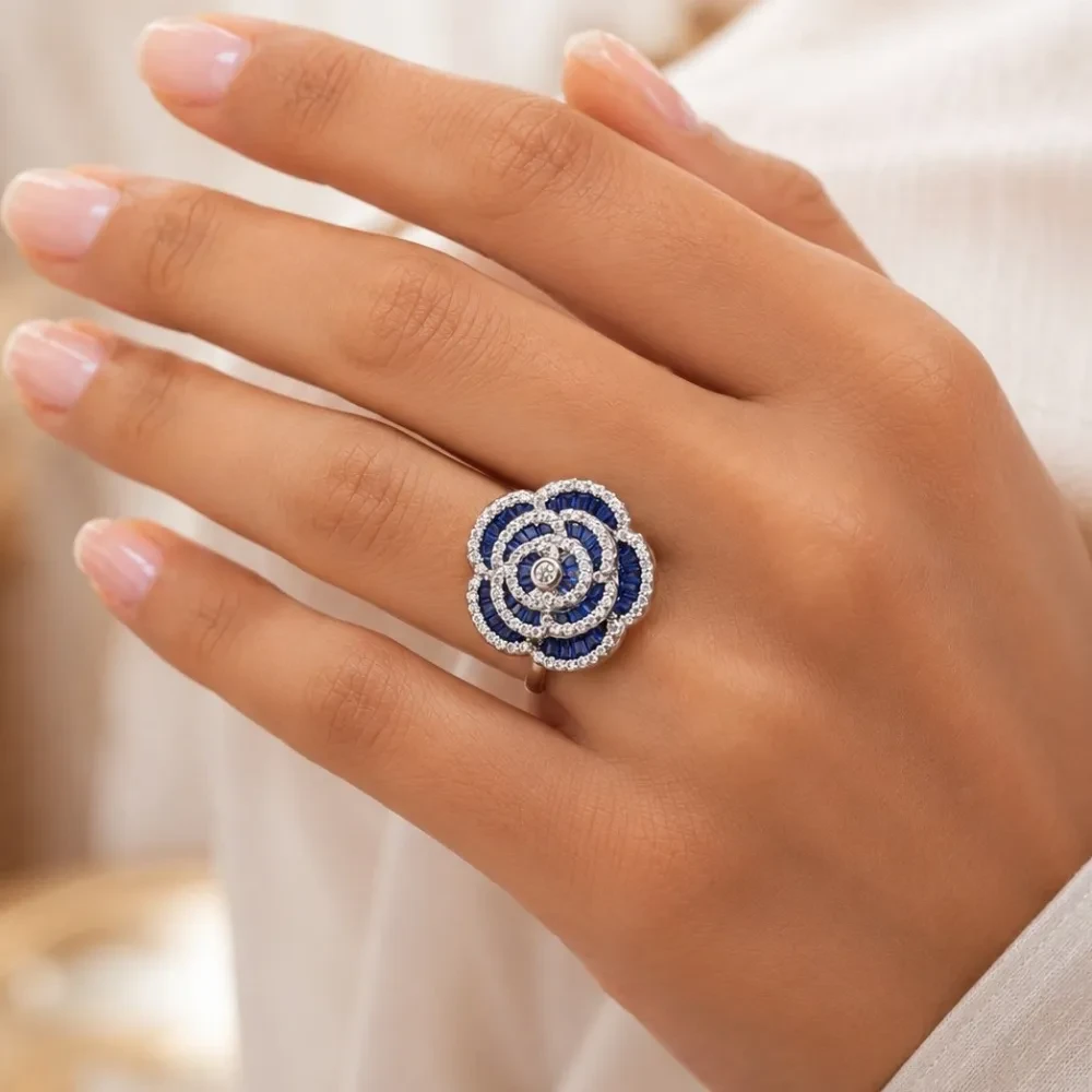 Blue Floral CZ 925 Silver Statement Ring