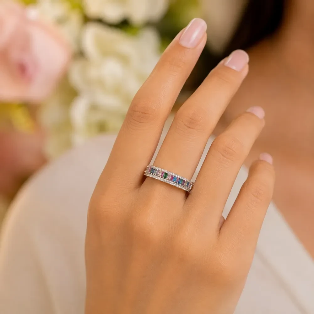 925 Silver Multicolour Stone Baguette Band Ring