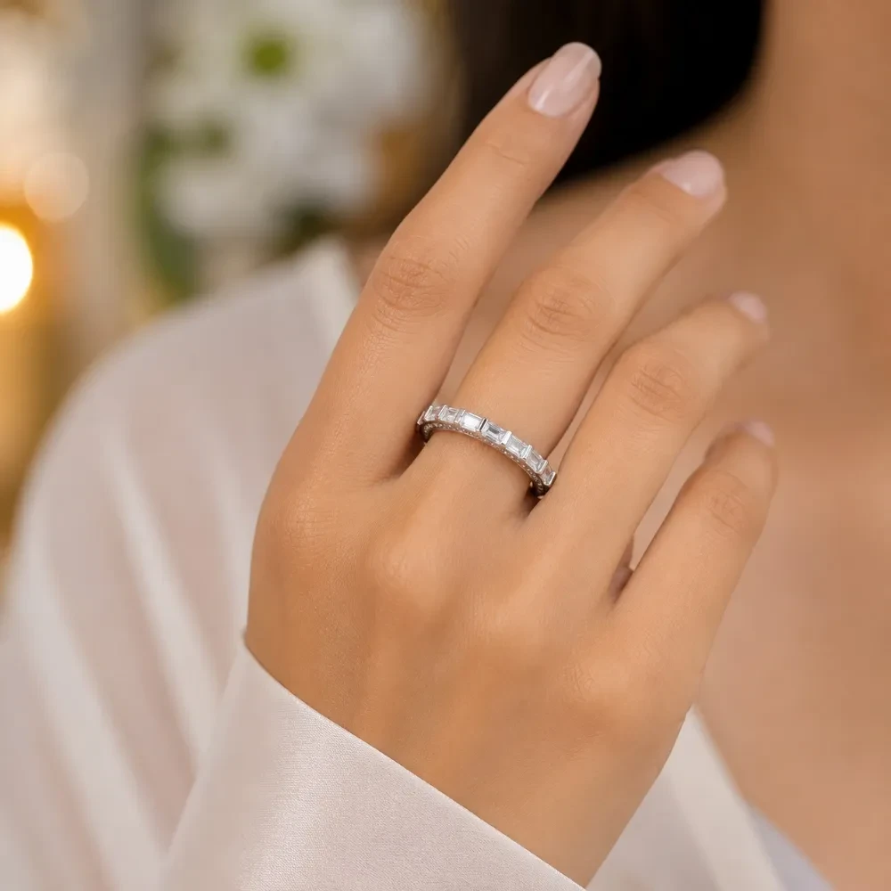 925 Silver Baguette Stone Eternity Band Ring
