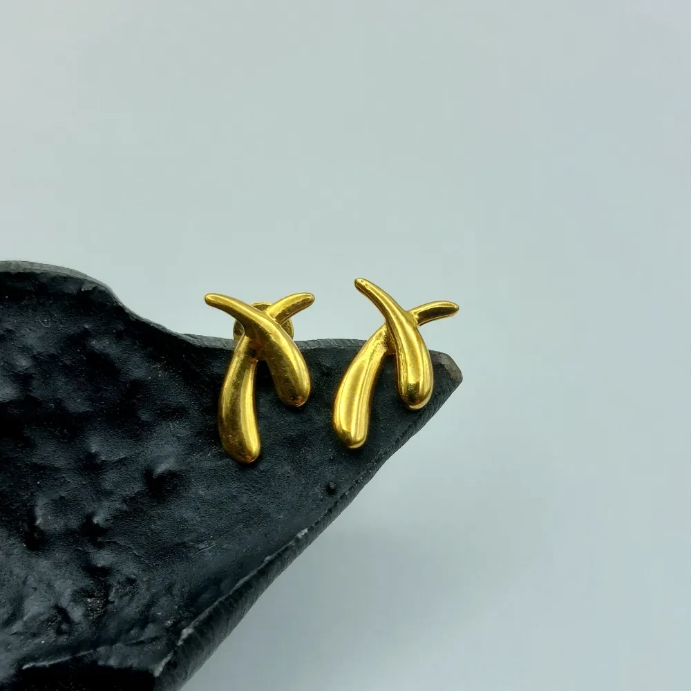 Modern Cross Curve Gold Stud Earrings