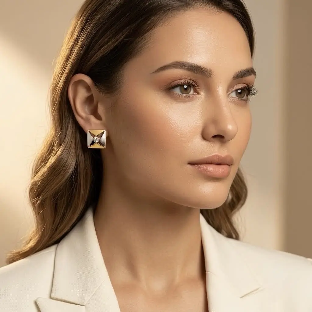Square Gold and Rodium Polish With Single Stone Earring