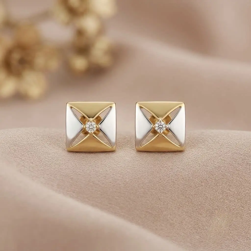 Square Gold and Rodium Polish With Single Stone Earring