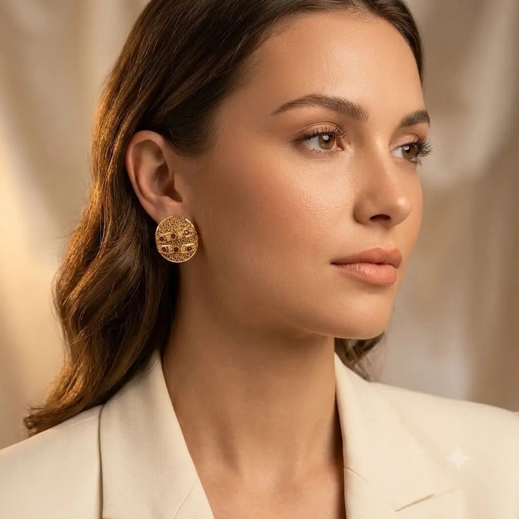 Round Mesh Earring with Red Stone