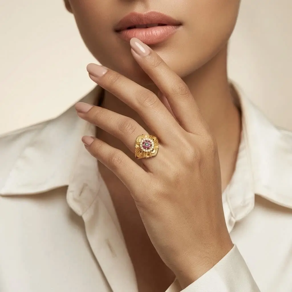Red & White Stone Floral Ring